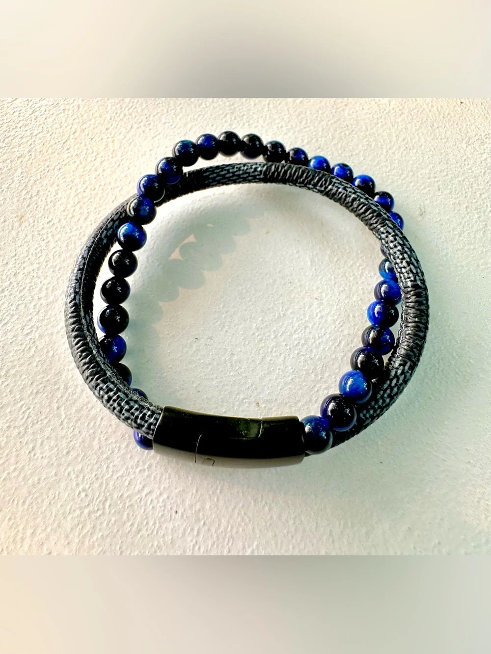 Men's Double Strand Bracelet with Blue Beads and Black Braided Band